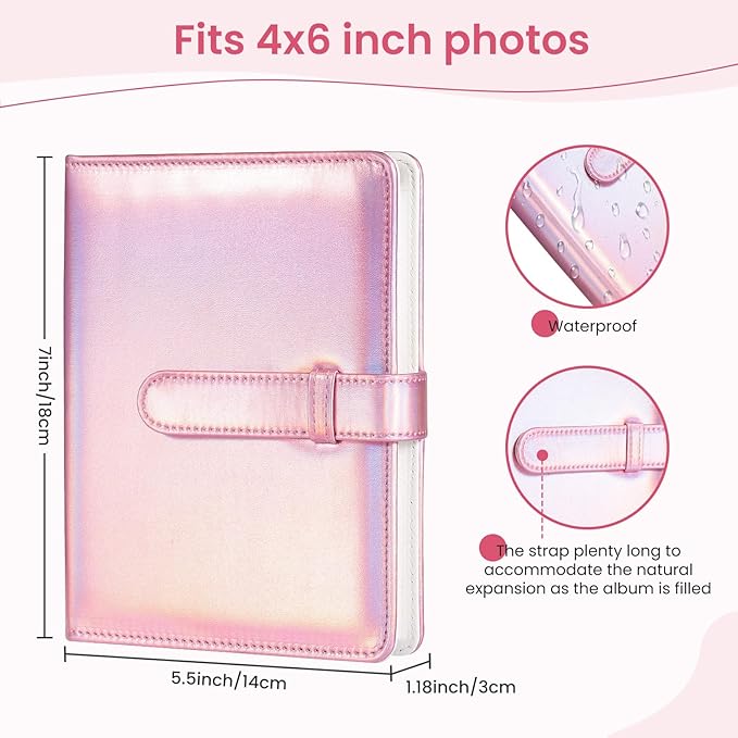 Lifting Photo Album 4x6 with 68 Pockets，Premium Vegan Leather Cover Small Photo Album Book，Mini Picture Album for Family Birthday Anniversary Baby Vacations (Magic Pink)