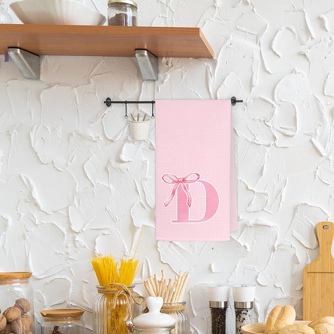 Monogrammed Initial D Hand Towels for Bathroom, Personalized Gifts for Women Girls Birthday Christmas, Coquette Preppy Pink Bows Waffle Kitchen Dish Tea Towels with Initial, 16x24 Inch