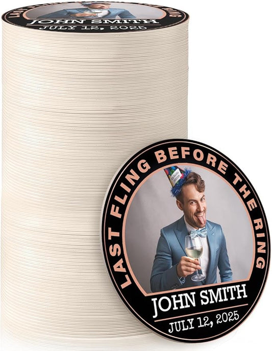 100 Pack Personalized Bachelor Party Coasters, Custom Cardboard Drink Coasters with Photo Print and Text, Fun Bachelor Party Favors and Gifts, 3.95" Round, Design 4