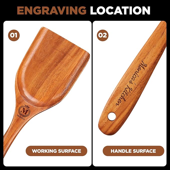 Personalized Wooden Cooking Spoons, Ladle and Spatula – Custom Engraved Teak Wood Utensils Set of 6, Ideal Gift for Housewarming, Christmas, Weddings & Friends