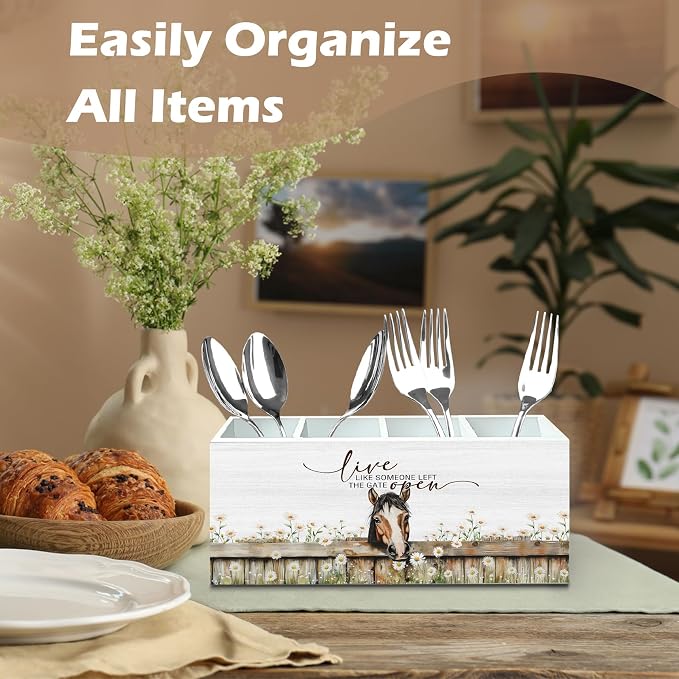 DILSJ Rustic Farmhouse Horse 4 Compartment Pen Pencil Holder for Desk | Horse Lover Gifts, Live Like Someone Left the Gate Open Wooden Box Signs Organizer for Home Office Desk Tabletop Decoration