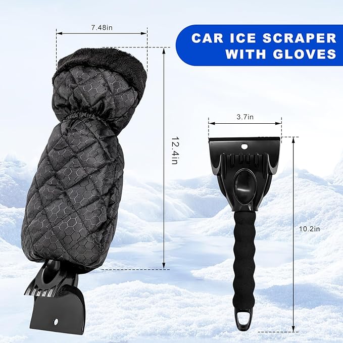 Car Ice Scraper, Auto Windshield Ice Shovel with Warm Thermal Waterproof Glove, Scratch-Free Car Window Snow Scraper Mitt Windproof Winter Cleaning Tool for Most Vehicles (Black)