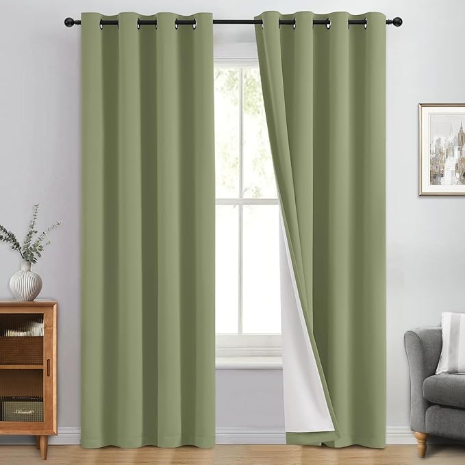 Yakamok 100% Blackout Curtain Panels 84 inches Cold and Light Blocking Drapes for Nursery, 2 Thick Layers Thermal Insulated Draperies (2 Pieces, 50 Wide Each Panel, Sage Front with White Backing)