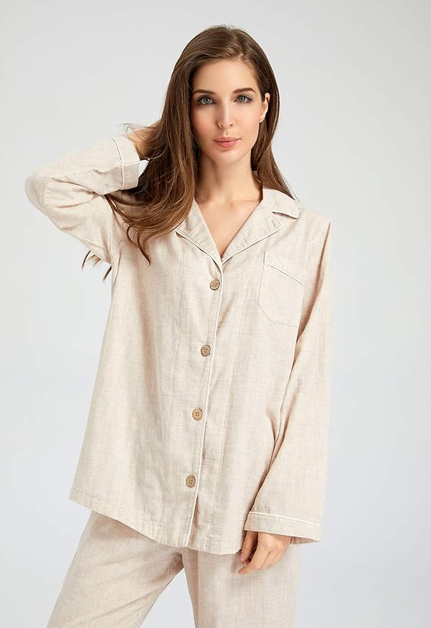Womens Pajama Sets 100% Double Gauze Cotton Linen Like Muslin Pajamas Long Sleeve Button Down Sleepwear Soft Pjs Lounge Set