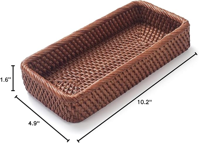 Rattan Bathroom Vanity Trays Toilet Tank Baskets Long Narrow Hand Towel Storage Basket for Storage, Decorative (Honey Brown 10.2 x 4.9 x 1.6 inch)