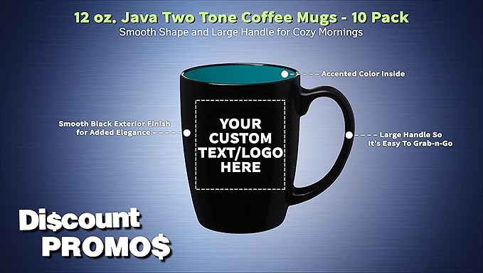 DISCOUNT PROMOS 10 Java Two Tone Coffee Mugs Set, 12 oz. - Customizable Text, Logo - Stoneware, Durable, Easy Grip - BLACKTEAL