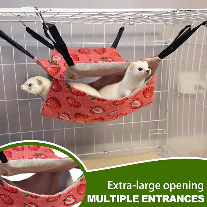 kathson 4 PCS Ferret Hammock Set,Washable Guinea Pig Hideout Bed,Soft Hamster Toys Hanging Tunnel Mats, Small Pets Cage Accessories for Rat, Sugar Glider, Squirrel(Pink)