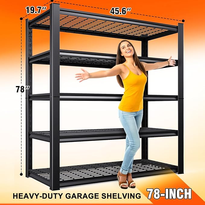 2Pack-78 ''H Storage Shelves, 46‘’W Garage Shelving, Adjustable Garage Shelves, 3000lbs Heavy Duty Shelving ,5 Tier Garage Storage Shelves,Easy-To-Install Metal Shelf Storage Rack Shelving Unit