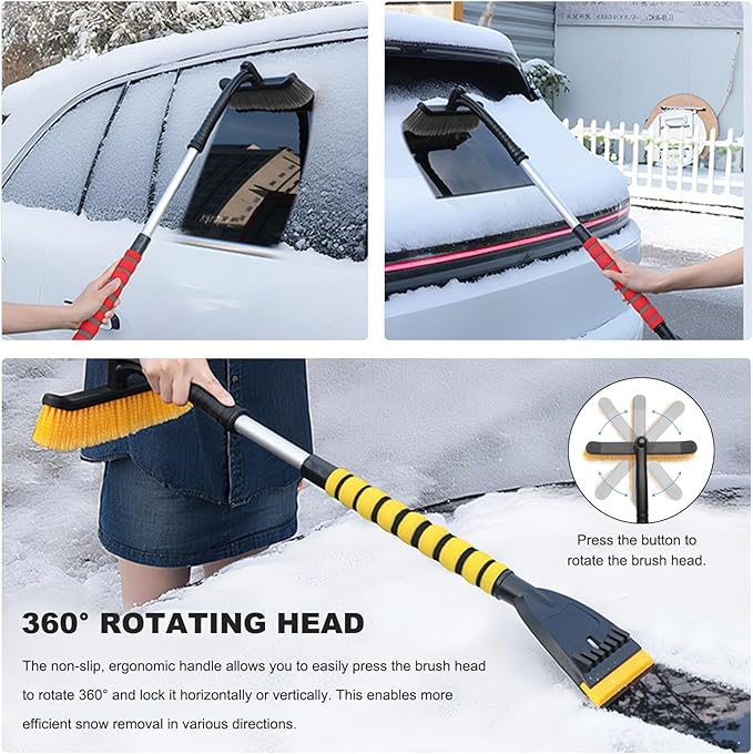 39" Snow Brush & Ice Scraper for Car Windshield, 2-in-1 Detachable Ice Scraper with 360° Pivoting Brush Head, Extendable Snow Removal Tool Winter Accessories for Cars Trucks SUVs (Yellow)