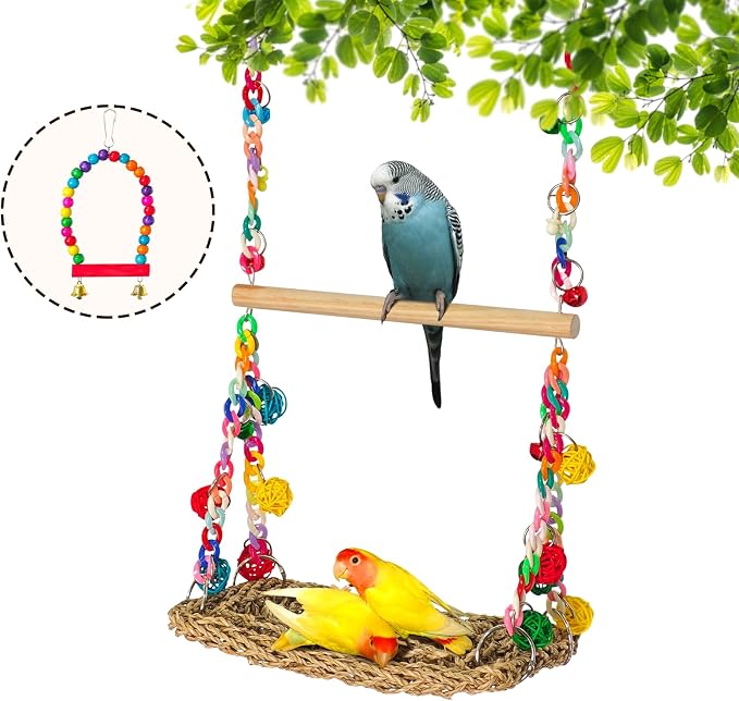 Natural Bird Swing Toys with Wood Perch, Double Layer Bird Seagrass Woven | Climbing Hammock with Chewable Perch Stand Chewing Toy for Parakeets, Budgies, Conures, Cockatiels, Lovebirds