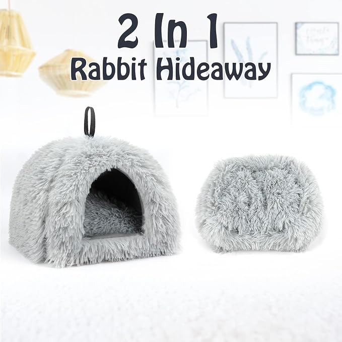 YUEPET Bunny Hideout, Cozy Rabbit Bed House for Small Pets, Grey | Long Plush Guinea Pig Cave Bed, Removable Washable Pad, Non-Slip Base, Warm Rabbit Hideaway for Guinea Pig Ferret