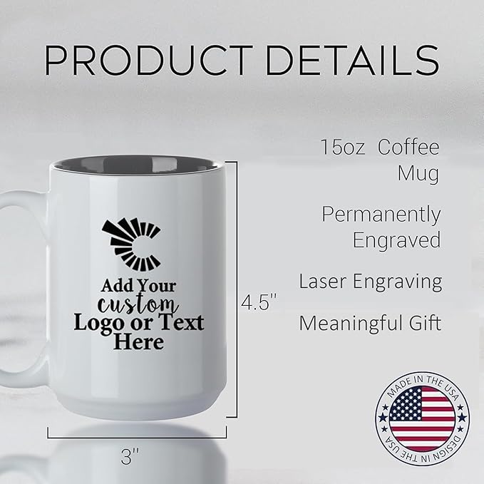 Personalized Coffee Mug, Custom Text or Logo Ceramic Mug, 15oz Customized Name Tea Cup, Gifts for Men & Women, Mother's Day Anniversary Christmas (Engraved Custom Logo, White)