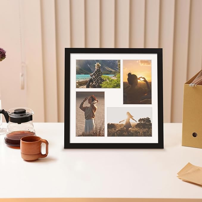 12x12 Picture Frame, 4x6 Collage Picture Frame, Displays Four 4x6 inch Photos, or 12x12 (Without Mat) Available for Wall Mount or Table Top Horizontal and Vertical Display, Black.