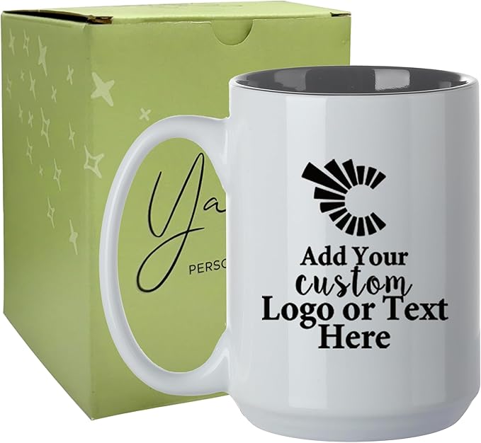 Personalized Coffee Mug, Custom Text or Logo Ceramic Mug, 15oz Customized Name Tea Cup, Gifts for Men & Women, Mother's Day Anniversary Christmas (Engraved Custom Logo, White)