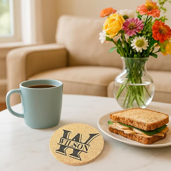 Set of 5 Personalized Custom Monogram Cork Coasters, Custom Wedding, Housewarming Gifts, Promotional Giveaways (Design #6)