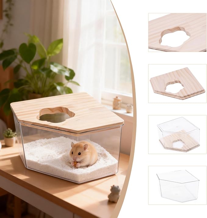 Hamster Sand Bath Box–Transparent Syrian Hamster Shower Bathtub with Comb for Small Pets, Acrylic Micro Sand Bath Box with Lid, Ideal Hamster Dig Box - Pentagon