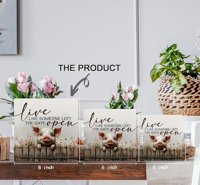 Pig Signs - Farm Cottagecore Animal Office Kitchen Bedroom Decor,Rustic Farmhouse Live like Someone Left the Gate Open Home Decor Wooden Signs,Pig Gifts for Women,8x8