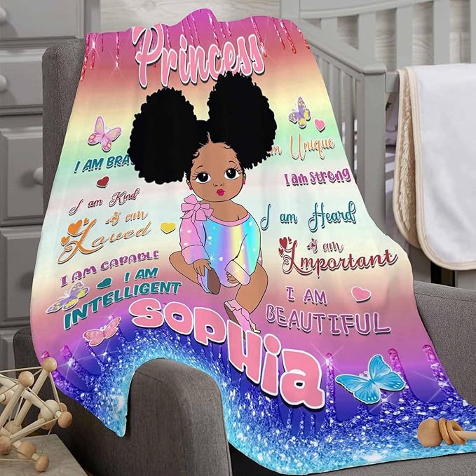 D-Story Personalized Throw Blankets with Name Custom Blankets with Text Customized Blankets for Kids Adults Women Men Personalized Black Girl Blanket Gift