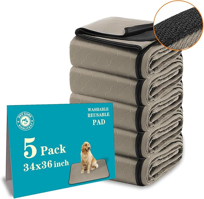 Bunlitent Washable Pee Pads for Dogs 34" x 36", 5 Pack, Leakproof, Brown | Leakproof