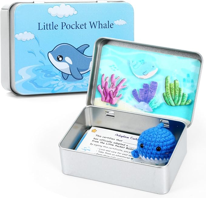 Little Pocket Whale, Mini Ocean in a Tin Box, Cute Travel Buddy | Cute mini whale in a pocket tin, a calming desk gift and collectible for coworkers, friends and ocean lovers