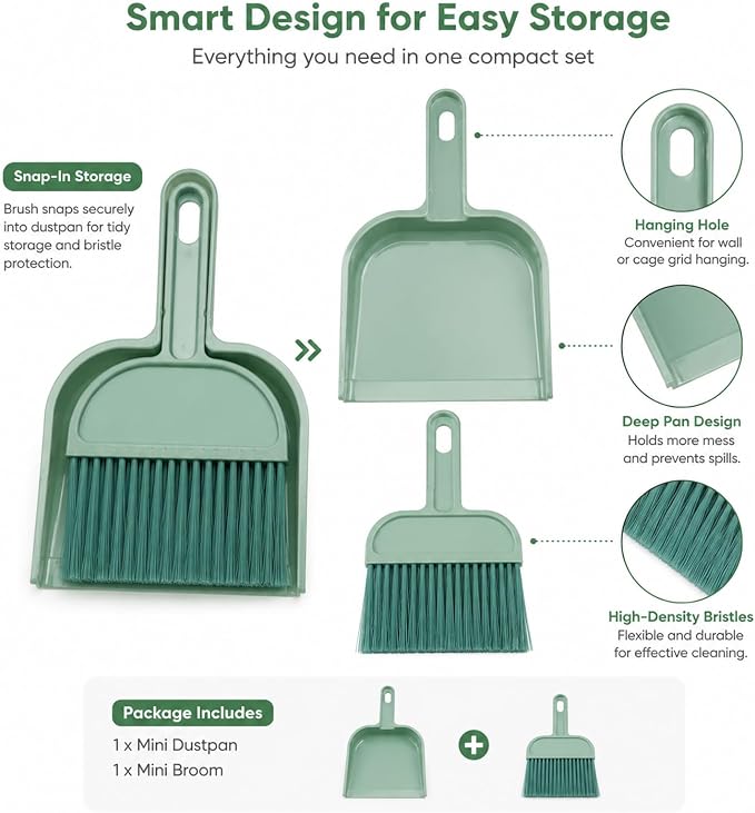 Rypet Mini Dustpan & Brush Set for Small Pet Cage Cleaning – Compact Handheld Broom for Guinea Pig, Rabbit, Hamster Bedding & Sticky Messes, Space-Saving, Deep-Corner Cage Cleaner Tool | Bunny Litter Box Brush, Fits Cage Corners, Hanging Hole Storage, ...