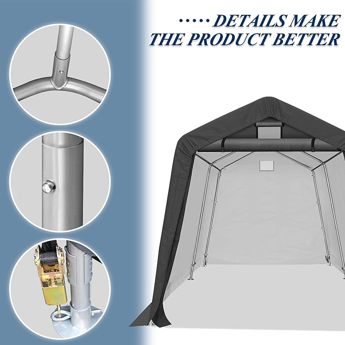 COVERONICS 8' x 14' Outdoor Storage Shed - Heavy Duty Portable Shelter Carport with Ventilation Windows and Roll-up Doors, Storage Shelter Tent for Motorcycle, Bike, Lawnmower and Garden Tools, Grey