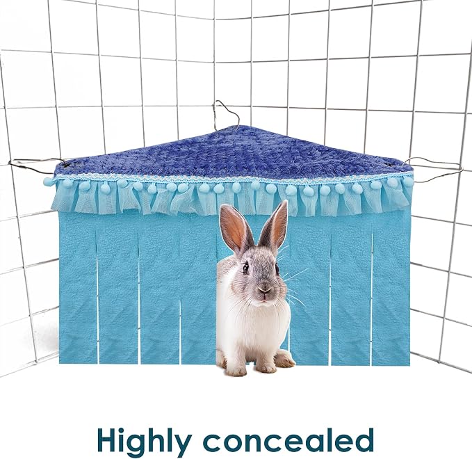 Lace Trim Guinea Pig Corner Hideout, Fleece Forest Cage Accessories, Pet Corner Hideaway for Guinea Pigs, Rabbits, Ferrets, Chinchillas, Hedgehogs (Blue)