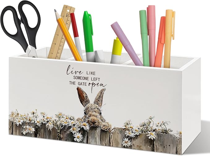 Rustic Bunny Pen Holder Organizer, Farmhouse Bunny Gifts for Women Girls Desk Decor, Live Like Someone Left the Gate Open Wooden Pen Pencil Holders for Vintage Desk Accessories