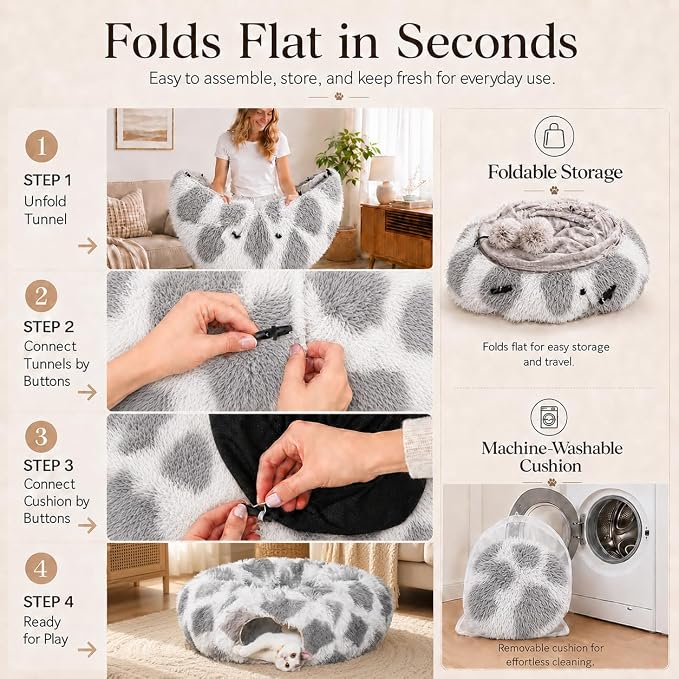 Warm Fluffy Plush Cat Tunnel Bed with Washable Cushion- Big Tube Playground Toys 3 FT Diameter Collapsible, for Indoor Cat Kitty Kitten Puppy Rabbit Ferret Gray-White Diamond Pattern