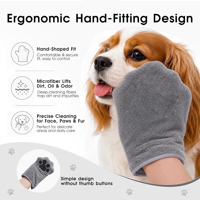 A Pair of Microfiber Reusable Pet Grooming Towel Gloves, Machine-Washable Double-Sided Bath Mitts, Dirt & Odor Removal Cleaner for Dog and Cat Paws & Coat (Grey)