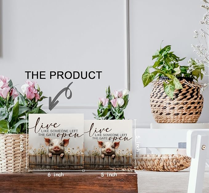 Pig Signs - Farm Cottagecore Animal Office Kitchen Bedroom Decor,Rustic Farmhouse Live like Someone Left the Gate Open Home Decor Wooden Signs,Pig Gifts for Women,6x6