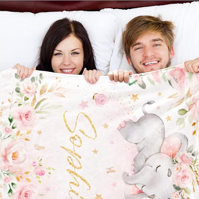 Personalized Elephant Blanket with Name for Girl, Custom Name Blanket for Teen, Soft Flannel Pink Elephant Blankets Customized Gift for Birthday 50"x60"