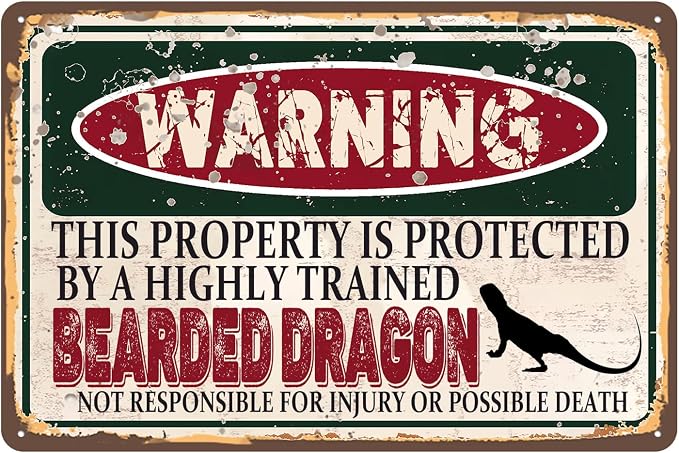 Vintage Bearded Dragon Metal Sign Wall decor | Warning this property is protected by a highly trained Bearded Dragon Sign Funny Tin Signs 12x8 Inch