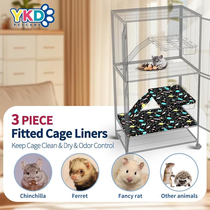YKD Ferret Cage Liners for Ferret Nation & Critter Nation Cages | Waterproof Chinchilla Cage Accessories, Washable Bedding, for Ferrets, Chinchillas, Rats (Black, Bottom Pan Set)