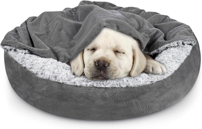 JOEJOY Small Dog Bed Cat Bed with Hooded Blanket, Cozy Cuddler Luxury Puppy Pet Bed, Donut Round Calming Anti-Anxiety Dog Burrow Cave Bed - Anti-Slip Bottom and Machine Washable 23 inch