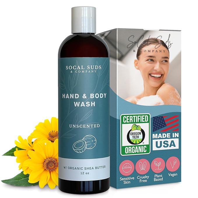 SoCal Suds & Company Organic Shea Butter Body Wash – Fragrance Free Liquid Soap for Hand & Body, Moisturizing Shower Gel, Body Wash for Women, Men & Unisex, Gentle Skin Care & Protection - (12oz)