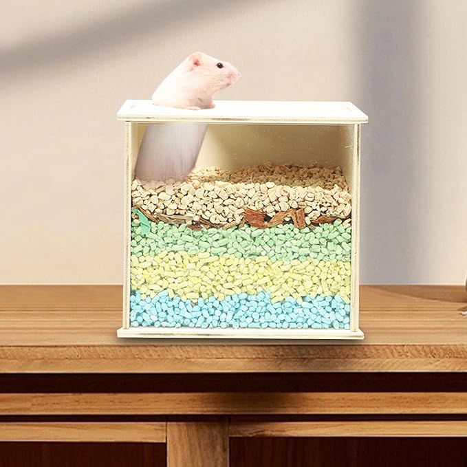 Hamster Sand Bath Box Wooden Digging Container with Acrylic Front Panel 7.87x6.30x7.09inch for Syrian Dwarf Gerbils Small Pets