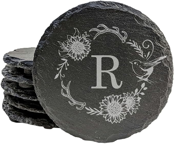 Personalized Monogram Family Coasters, Natural Stone Set, Birthday, Wedding, Customized, Rustic - Round Slate - Set of 4