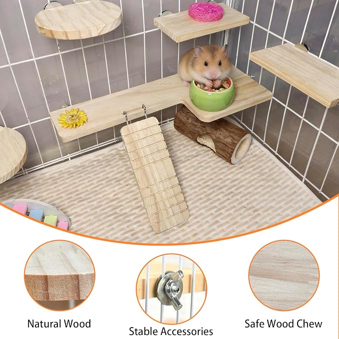 Hamster Cage Platform L-Shaped Wooden Hamster Cage Accessories Rat Climbing Toys Ledge with Ladder for Sugar Glider Mice Mouse Chinchilla Squirrel (L)