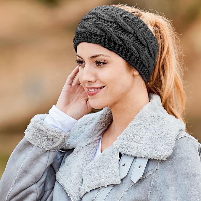 AQOKKA Knit Winter Headbands for Women Fuzzy Wool Fleece Lined Ear Warmers Elastic Turban Crocheted Head Wrap Winter Accessories for Women Cold Weather