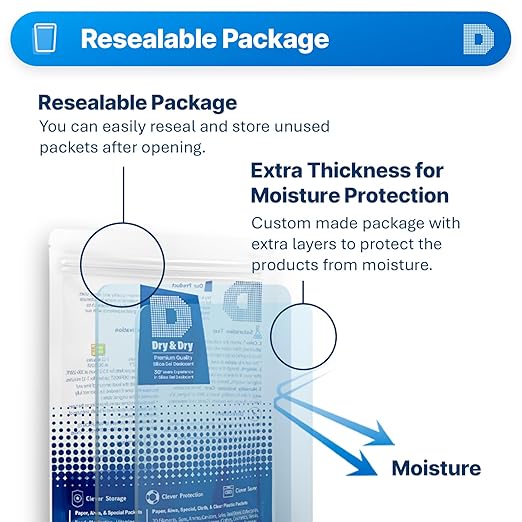 10 Packets of 10 Gram "Dry&Dry" Premium Pure & Safe Silica Gel Desiccant- Rechargeable Fabric
