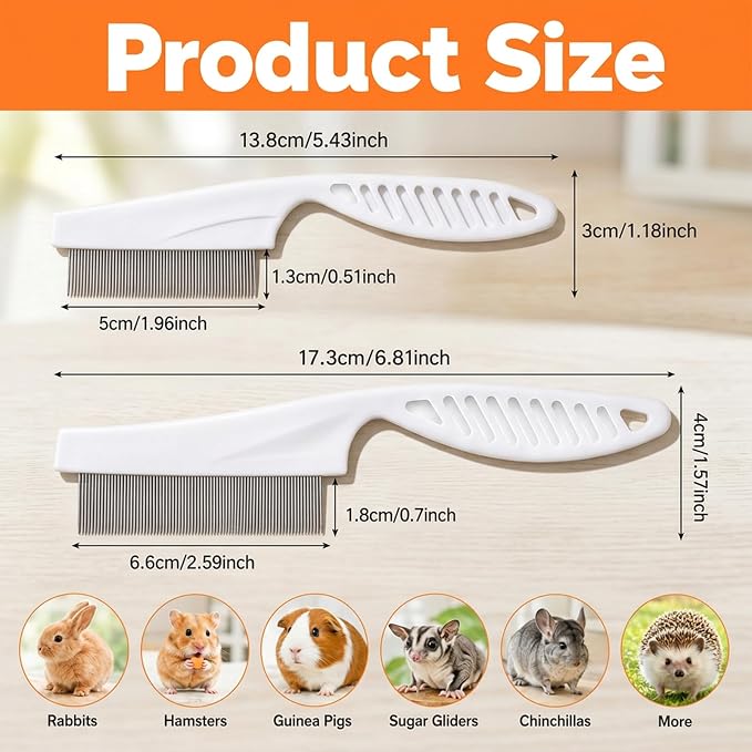 2Pcs Flea Combs, Fine Tooth Rabbit Brush Stainless Steel Bunny Brush | Rounded Teeth, for Grooming, Guinea Pigs, Cats, Dogs, Chinchillas, Ferrets and Rabbits