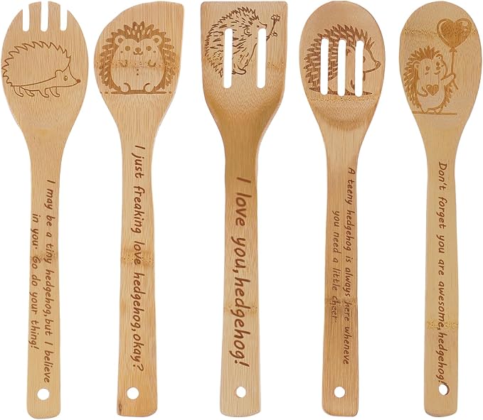 5PCS Hedgehog Wooden Cooking Spoons Set Bamboo Cooking Spoons | Hedgehog Kitchen Decor Housewarming Wedding Anniversary Thanksgiving Christmas for Mom Women Animal Lovers