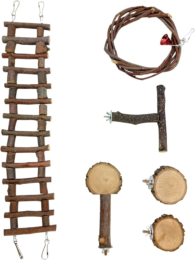 BNOSDM 6PCS Chinchilla Cage Accessories, Natural Wood Sugar Glider Climbing Bridge & Perch Platforms, Rat Enrichment Toys Set for Small Animals Squirrel, Gerbil, Hamster