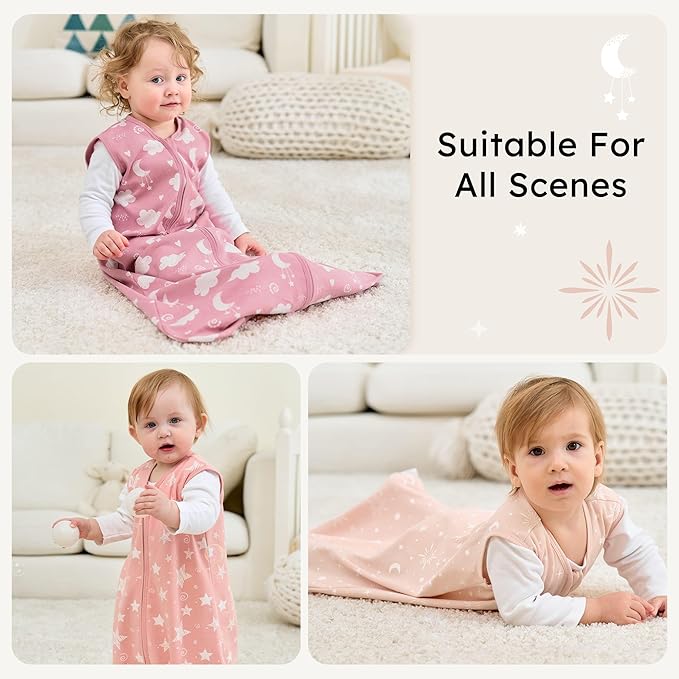 Baby Sleep Sack 18-24 months, 100% Cotton Sleeping Sack for Toddler, 3 Pack Baby Wearable Blanket, 0.5 Tog Lightweight Double Zipper Sleep Bag XLarge Pink Stars Moon
