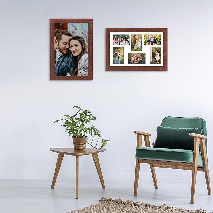 11x17 Picture Frame Display 6 picture frame collage 4x6,Multi Photo Frame with Mat,Plexiglass,Wall Mount Decor,Walnut Wood Grain