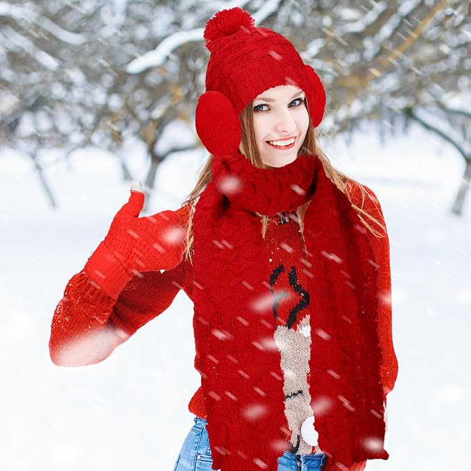 JenPen 4 Pcs Winter Hat Scarf and Gloves Set for Women Include Ear Cover Cold Weather Scarf Hat Knit Beanie Gloves