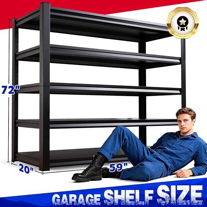 59''W Garage Shelving Adjustable Garage Shelves 3500LBS Storage Shelves,5-Tier Metal Shelving Unit Storage Shelf, Easy Assembly Utility Shelf for Warehouse, Basement, Black (72''H x 59.1''W x 19.7''D)