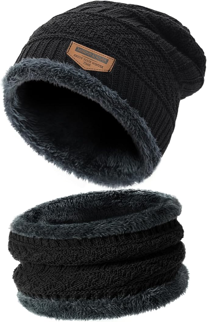 Winter Beanie Hat Circle Scarf Touchscreen Gloves Set, Snow Knit Skull Cap, Warm Thick Fleece Lined Neck Warmer for Men Women