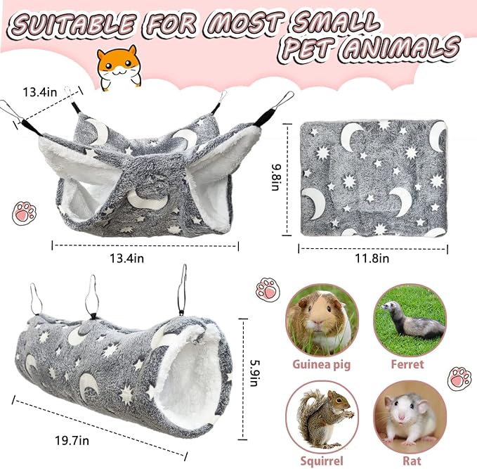Luminous Noctilucent Glow Guinea Pig Rat Hammock Tunnel, Ferret Hanging Bunk Bed, Rat Ferret Guinea Pig Hideout and Soft Bed for Small Animals (4.Moon Tunnel and Mat)